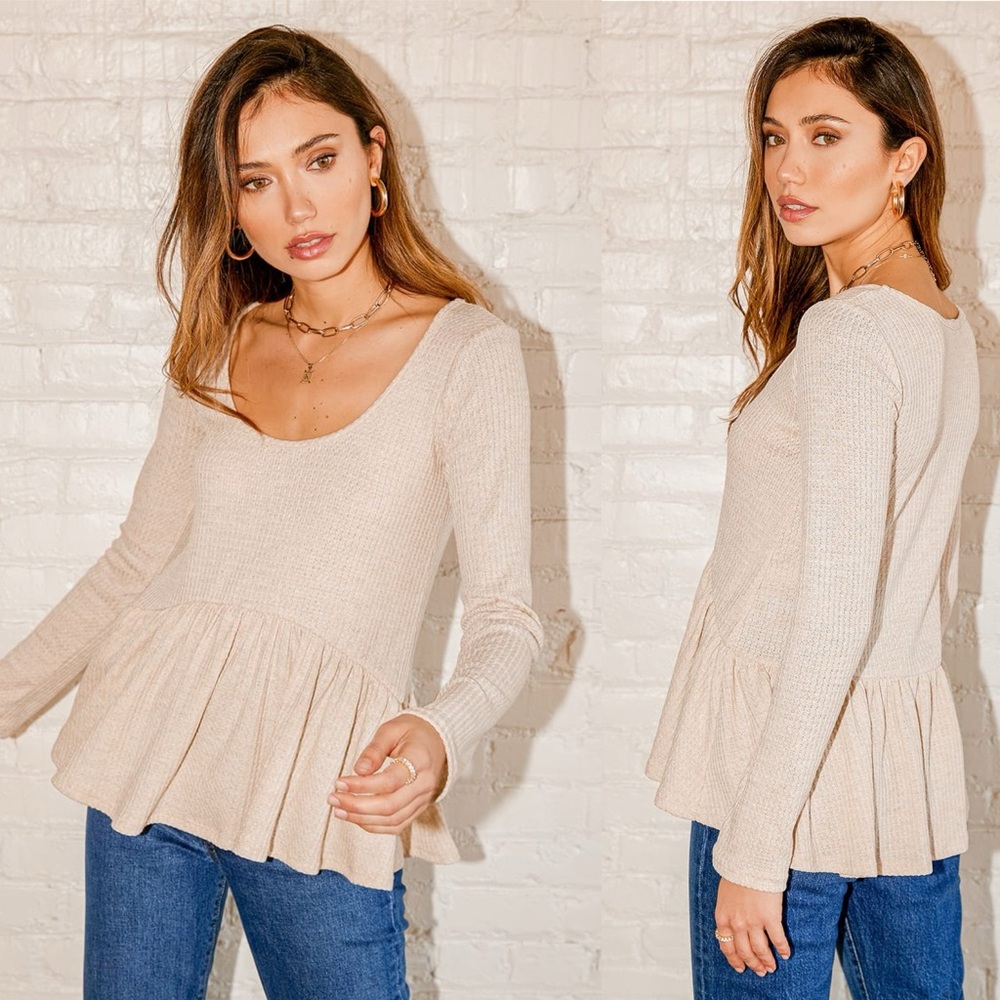 Lulus | Cutest Ever Beige Waffle Knit Long Sleeve Babydoll Top